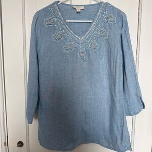 Charter Club Light Blue Linen Beaded Tunic